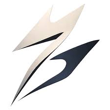 Abstract logo of a silver and navy stylized lightning bolt with sharp angles.